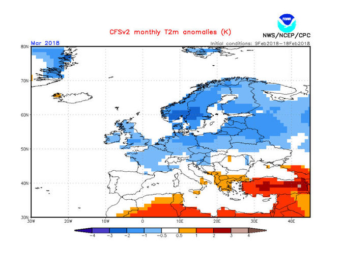 NOAA temperatūros prognozė kovui Europoje