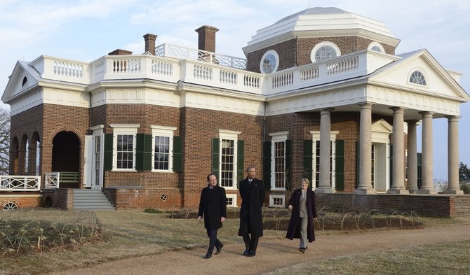 „Scanpix“ nuotr./JAV ir Prancūzijos vadovai apsilankė prezidento Thomo Jeffersono memorialinėje viloje