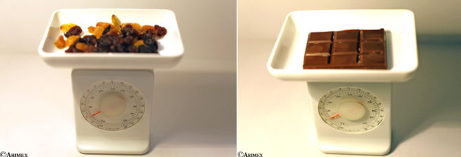 Arimex nuotr. / Kairėje: razinos; dešinėje: pieniškas šokoladas.