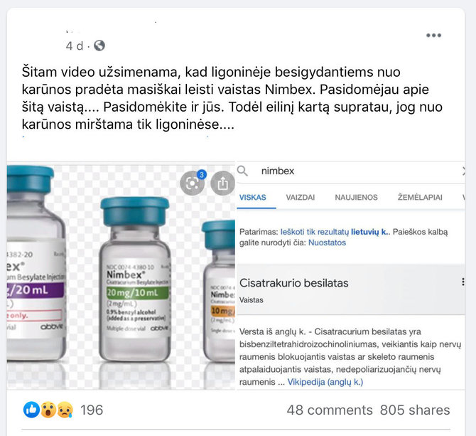Nuotr. iš „Facebook“/Abejonėmis dėl COVID-19 ligoniams skiriamo vaisto pasidalino mažiausiai 800 žmonių 