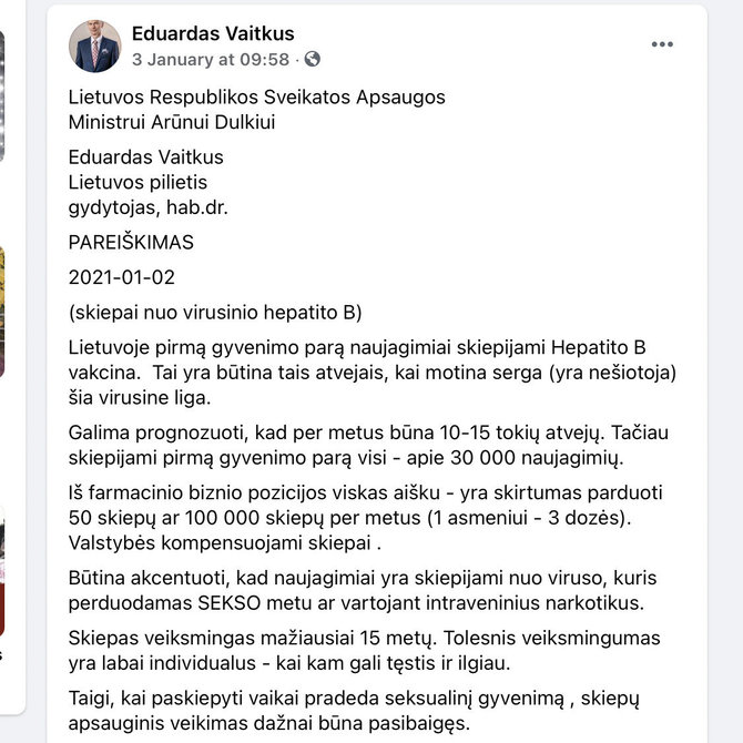 Nuotr. iš „Facebook“/Ministro prašoma stabdyti visų naujagimių skiepijimą nuo hepatito B viruso