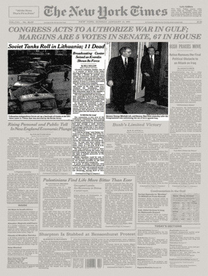 Nuotr. iš „New York Times“ archyvo/JAV dienraščio „New York Times“ 1991 metų sausio 13 dienos pirmas puslapis