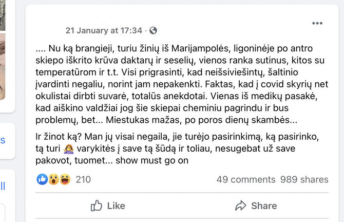 Nuotr. iš „Facebook“/Įrašas apie Marijampolėje paskiepytus medikus