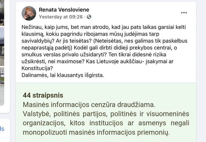 Nuotr. iš „Facebook“/„Valstietė“ Renata Venslovienė pasipiktino judėjimu po Lietuvą ribojimu