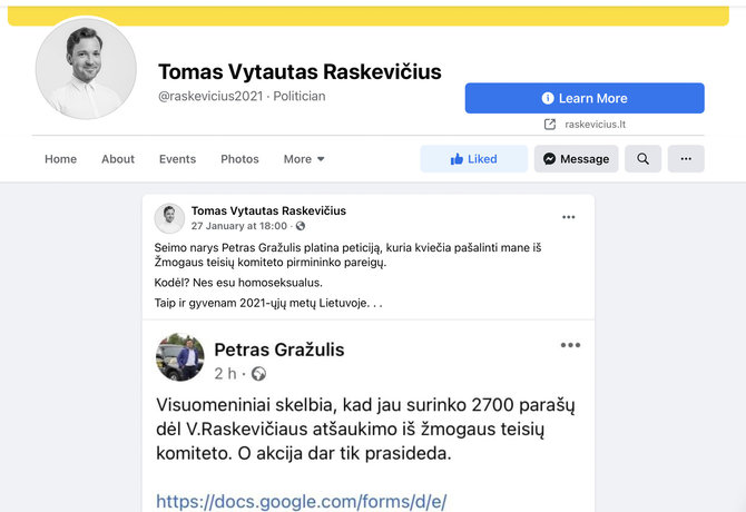 Nuotr. iš „Facebook“/Tomas Vytautas Raskevičius į kolegos įrašą sureagavo be didesnių emocijų