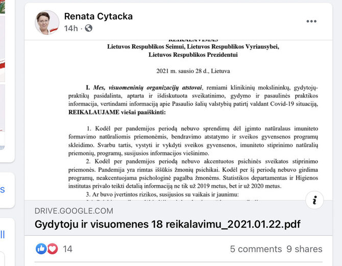 Nuotr. iš „Facebook“/Reikalavimais pasidalijo VIlniaus miesto tarybos Sveikatos komiteto pirmininkė Renata Cytacka