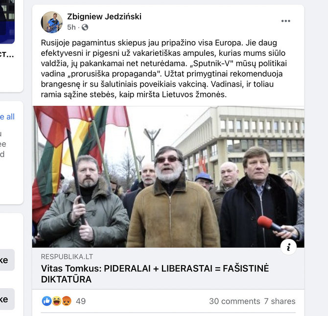 Nuotr. iš „Facebook“/Komentaru pasidalijo ir eksparlamentaras Zbignevas Jedinskis