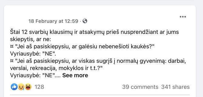 Nuotr. iš „Facebook“/Socialiniuose tinkluose plintantys atsakymai, kurie esą turi padėti apsispręsti dėl skiepijimosi