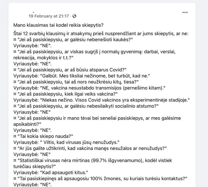 Nuotr. iš „Facebook“/Socialiniuose tinkluose plintantys atsakymai, kurie esą turi padėti apsispręsti dėl skiepijimosii