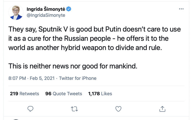 Nuotr. iš „Twitter“/Premjerė Ingrida Šimonytė vakciną „Sputnik V“ įvertino kaip hibridinį ginklą