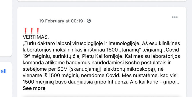 Nuotr. iš „Facebook“/Tariamas amerikiečių mokslininko įrašas apie COVID-19 mėginių tyrimus