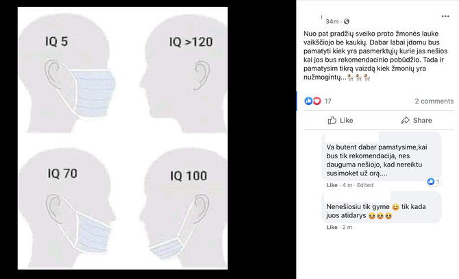 Nuotr. iš „Facebook“/Bandoma įtikinti, kad kaukes dėvi tik menko intelekto žmonės