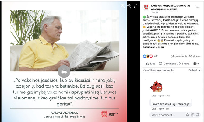 Nuotr. iš Švietimo, mokslo ir sporto ministerijos paskyros „Facebook“/Prezidento Valdo Adamkaus įspūdžiai po skiepo