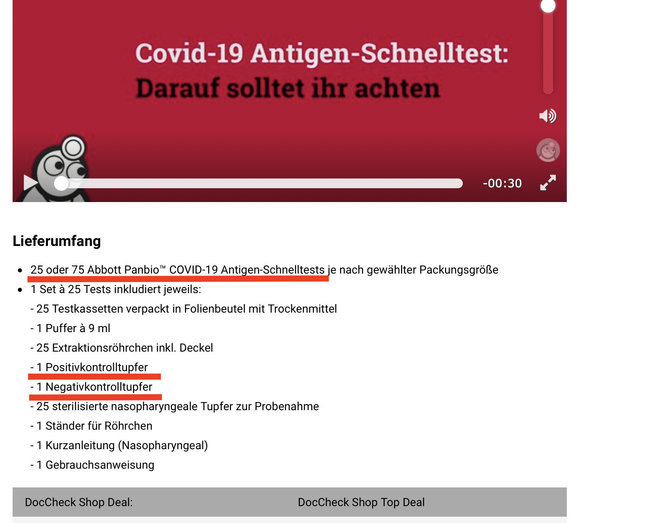 Tinklalapio doccheckshop.de ekrano nuotrauka/Pardavėjai nurodo, kad pakuotėje yra kontroliniai testai su neigiamu ir teigiamu atsakymu