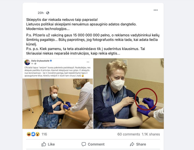 Ekrano nuotr. iš „Facebook“/Įtarimą sukėlė prie Dalios Grybauskaitės rankos pridėtas švirkštas su uždengta adata