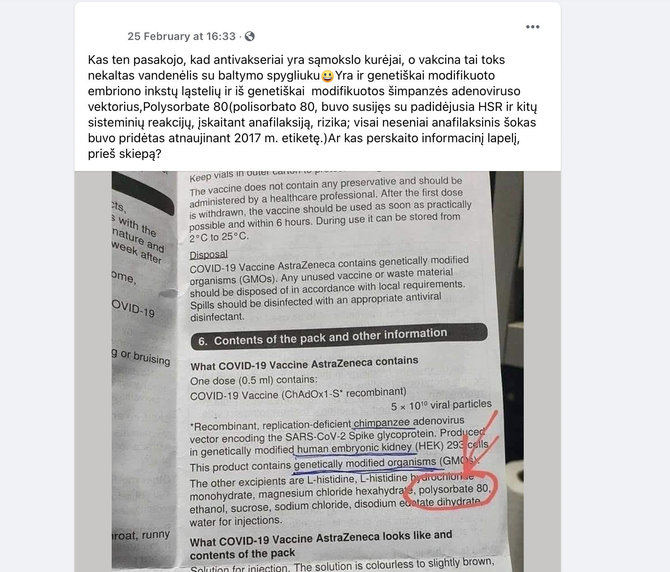 Ekrano nuotr. iš „Facebook“/Gąsdina „AstraZeneca“ vakcinos sudėtimi