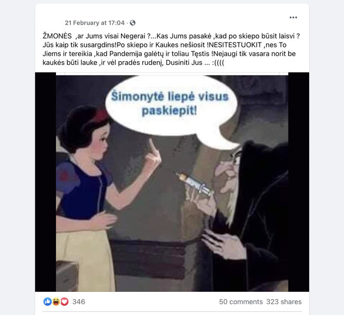 Ekrano nuotr. iš „Facebook“/Įraše raginama ir nesiskiepyti, ir nesitestuoti dėl COVID-19