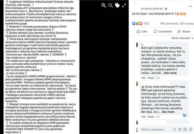 Ekrano nuotr. iš „Facebook“/Internete platinamu tekstu gąsdinama, kad vakcinos pakeis žmogaus genomą