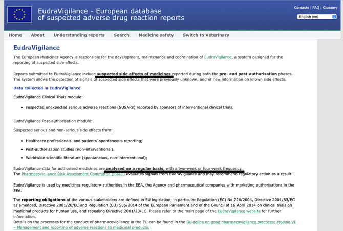 Ekrano nuotr. iš adrreports.eu/„EudraVigilance“ tinklalapyje nurodyta, kad registruojami „įtariami nepageidajami šalutiniai poveikiai“