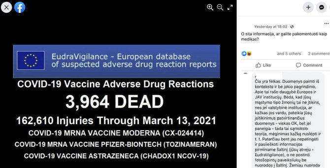 Ekrano nuotr. iš „Facebook“/Įraše skelbiama, esą nuo vakcinų mirė kone 4 tūkst. žmonių