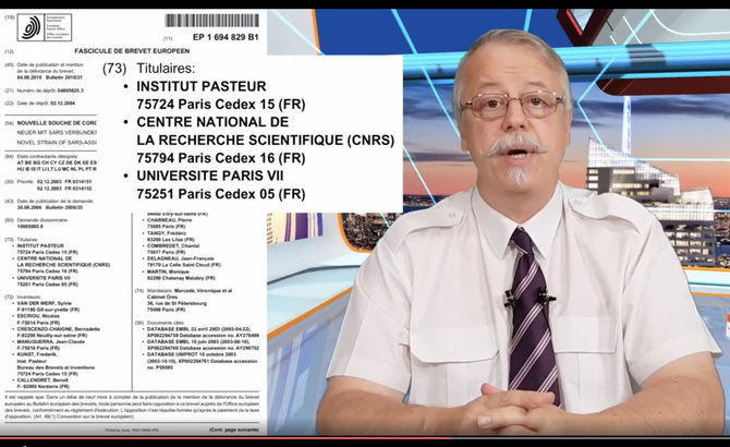 Ekrano nuotr. iš odysee.com/Patento dėl koronaviruso paprašė ir Pasteuro institutas, iš to padarė išvadą, kad ten buvo sukurtas COVID-19 sukėlėjas