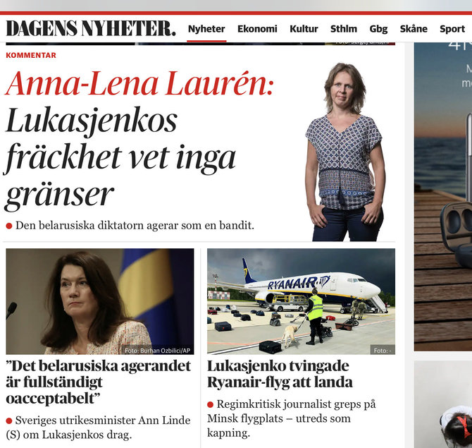Ekrano nuotr. iš dn.se/Komentaras apie lėktuvo nutupdymą Minske Švedijos dienraščio „Dagens Nyheter“ portale