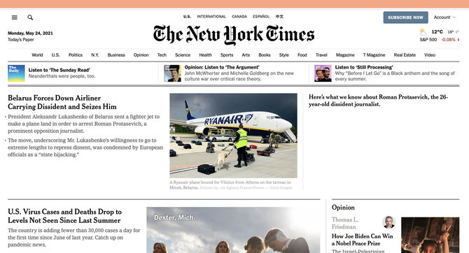 Ekrano nuotr. iš nytimes.com/Straipsniai apie lėktuvo nutupdymą Minske JAV dienraščio „The New York Times“ portale