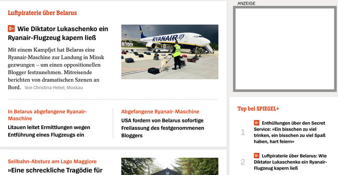 Ekrano nuotr. iš spiegel.de/Straipsniai apie lėktuvo nutupdymą Minske Vokietijos savaitraščio „Spiegel“ portale