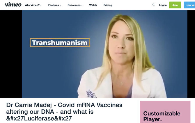 Ekrano nuotr. iš „Vimeo“/Osteopatė dr. Carrie Madej aiškina, esą vakcinos nuo COVID-19 pakeis DNR