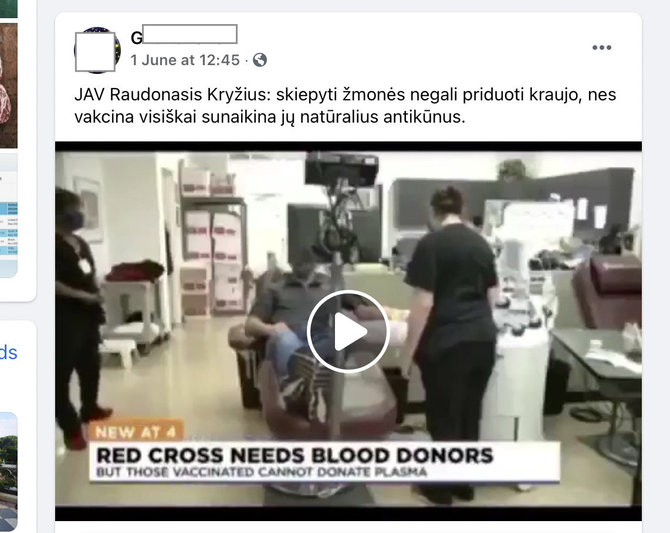 Ekrano nuotr. iš „Facebook“/Aiškinama, esą pasiskiepiję žmonės negali duoti kraujo, nes vakcinos sunaikina natūralius antikūnus