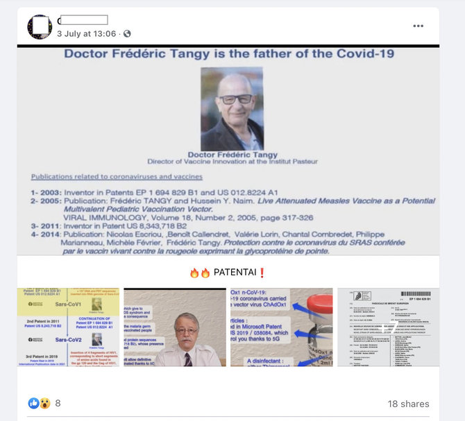 Ekrano nuotr. iš „Facebook“/Melagiena, esą koronavirusas buvo sukurtas Pasteuro institute, jau seniai paneigta