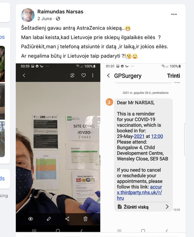 Ekrano nuotr. iš „Facebook“/Raimundas Narsas džiaugėsi gavęs antrą vakcinos dozę