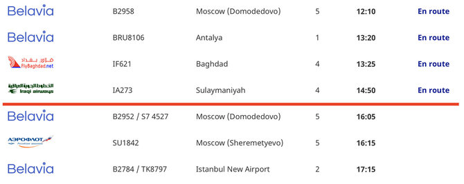 Ekrano nuotr. iš airport.by/Pirmas skrydis iš Suleimanijos vyksta jau pirmadienį 