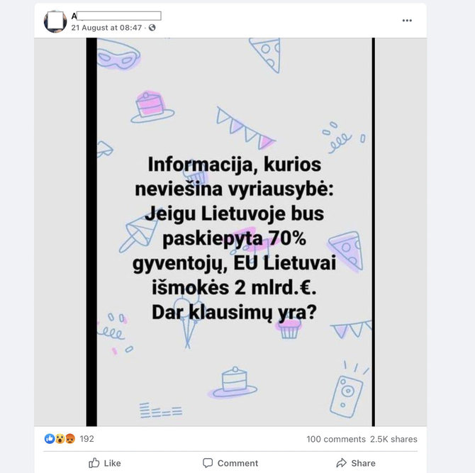 Ekrano nuotr. iš „Facebook“/Platinama melagiena, esą ES moka už skiepijimą nuo COVID-19