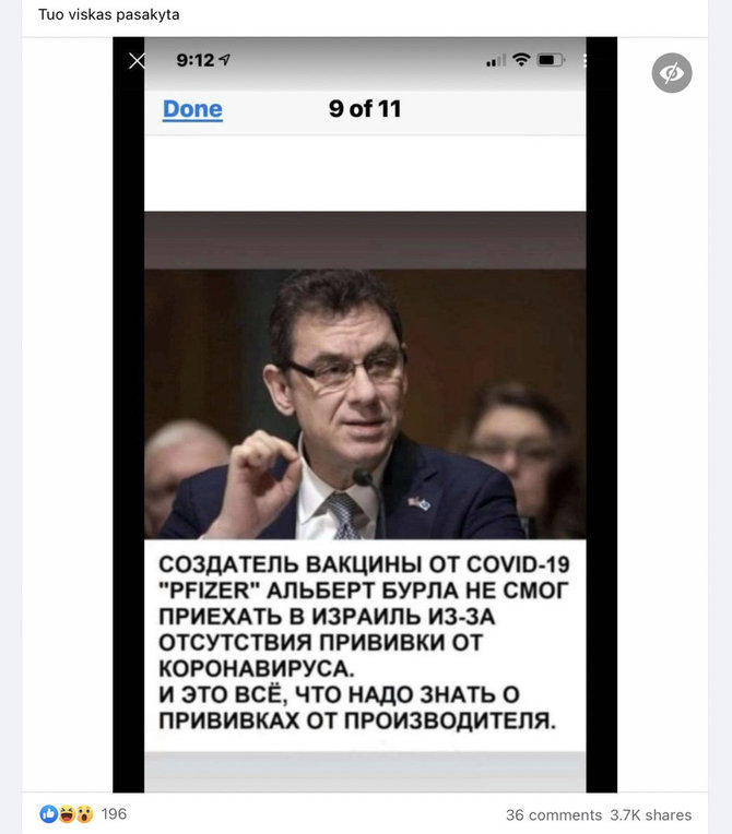 Ekrano nuotr. iš „Facebook“/Įraše aiškinama, esą „Pfizer“ vadovas Albertas Bourla nepasiskiepijo nuo COVID-19, todėl negalėjo vykti į Izraelį
