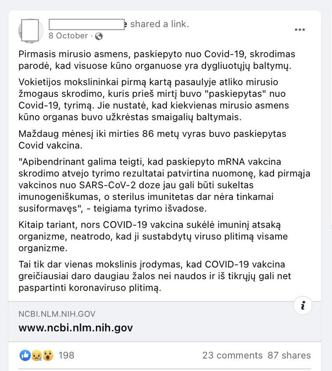 Ekrano nuotr. iš „Facebook“/Po skiepo nuo COVID-19 atliktos autopsijos rezultatai įraše interpretuojami netiksliai