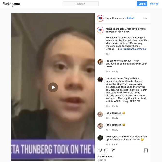 Ekrano nuotr. iš „Instagram“/Iš Gretos Thunberg Interviu buvo iškirptos tik parankios frazės