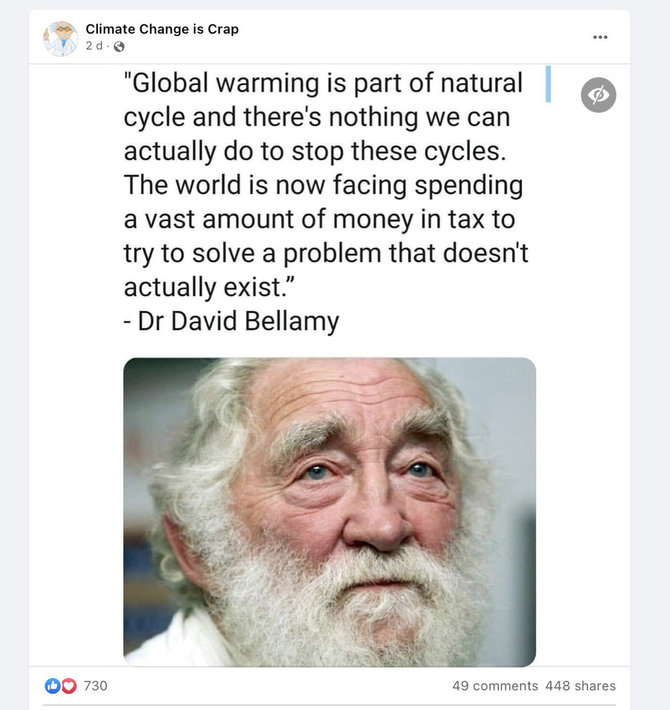 Ekrano nuotr. iš „Facebook“/Britų botanikas dr. Davidas Bellamy sakė, kad klimato kaitai žmonės neturi įtakos, bet tai jau seniai paneigta