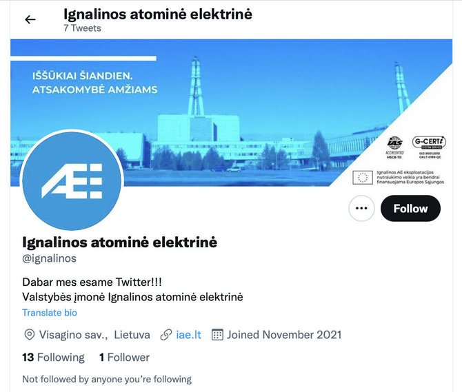 Ekrano nuotr. iš „Twitter“/Ignalinos atominės elektrinės paskyra „Twitter“ sukurta šį mėnesį