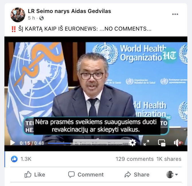Ekrano nuotr. iš „Facebook“/Įrašu pasidalijo ir parlamentaras Aidas Gedvilas