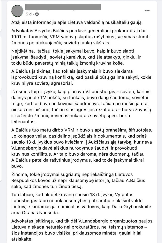 Ekrano nuotr. iš „Facebook“/Gaivinama sena sąmokslo teorija, esą 1991-ųjų sausį lietuviai patys kėlė ginklus prieš savus