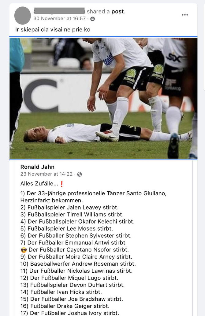 Ekrano nuotr. iš „Facebook“/Socialiniuose tinkluose keliamos abejonės, kad sportininkų mirtys gali būti susijusios su skiepais