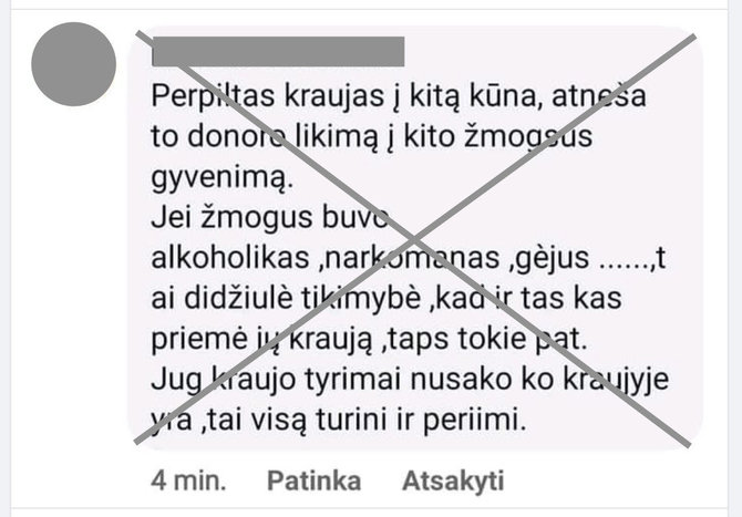 Ekrano nuotr. iš „Facebook“/Internete aiškinama, esą perpilant kraują galima perduoti seksualinę orientaciją ar polinkį į tam tikrus dalykus