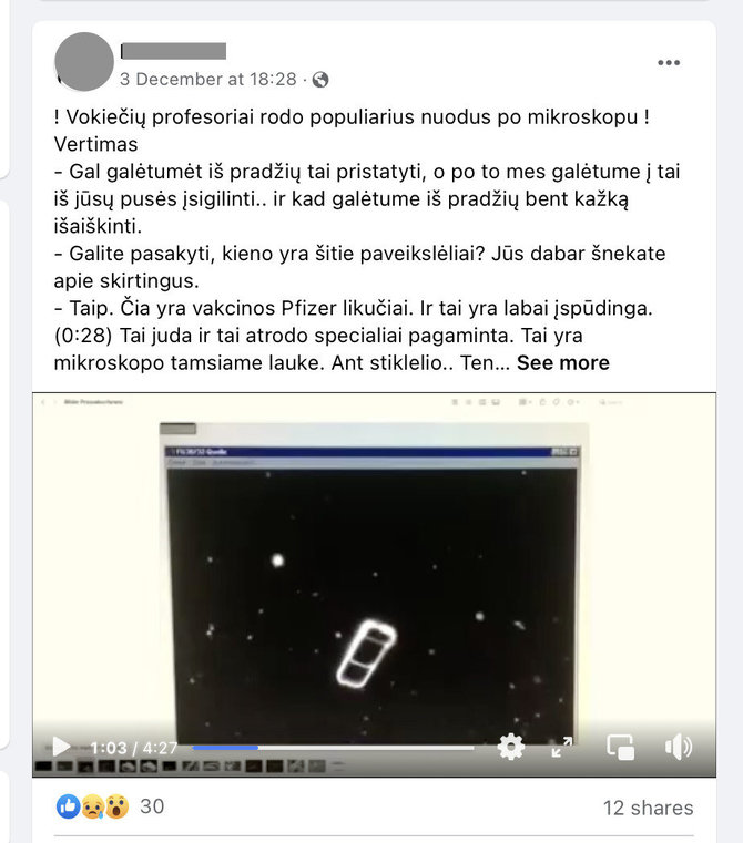 Ekrano nuotr. iš „Facebook“/Vakcinoje tariamai buvo rasta mikroschema
