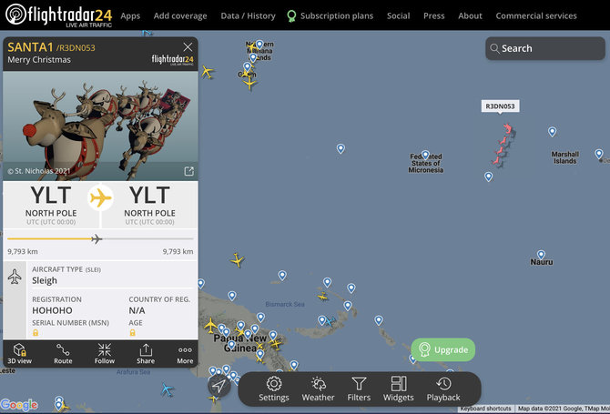 Ekrano nuotr. iš flightradar24.com/Kalėdų Senelio rogės priskiriamos specialiam orlaivių tipui