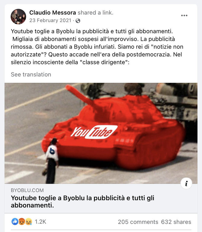 Tinklalapio byoblu.com paskyra „YouTube“ buvo užblokuota dėl melagienų skleidimo