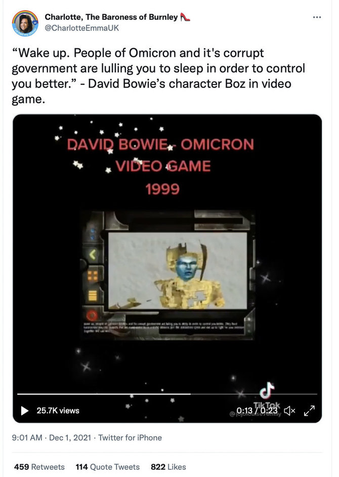 Ekrano nuotr. iš „Twitter“/Davido Bowie herojus žaidime „Omikron“ tarytum piktinasi pandemijos suvaldymo priemonėmis