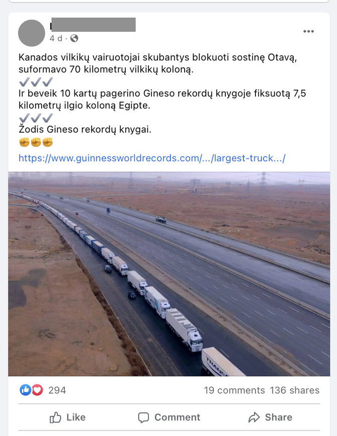 Ekrano nuotr. iš „Facebook“/Tą pačią žinią, kad vilkikų konvojus pagerino Guinnesso rekordą, pasigavo ir lietuviai