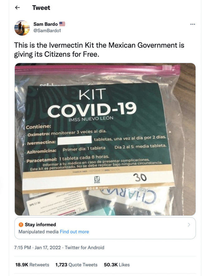 Ekrano nuotr. iš „Twitter“/Meksikoje lengvai sergantiesiems COVID-19 buvo dalijami tokie rinkiniai