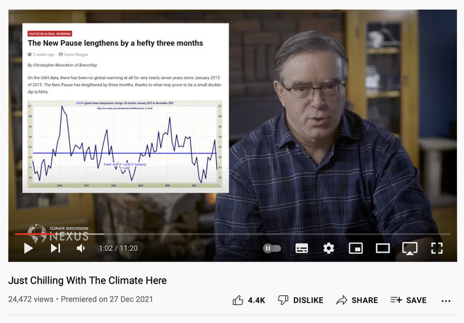 Ekrano nuotr. iš „YouTube“/Įraše aiškinama, esą pastarųjų metų duomenys nerodo klimato šiltėjimo